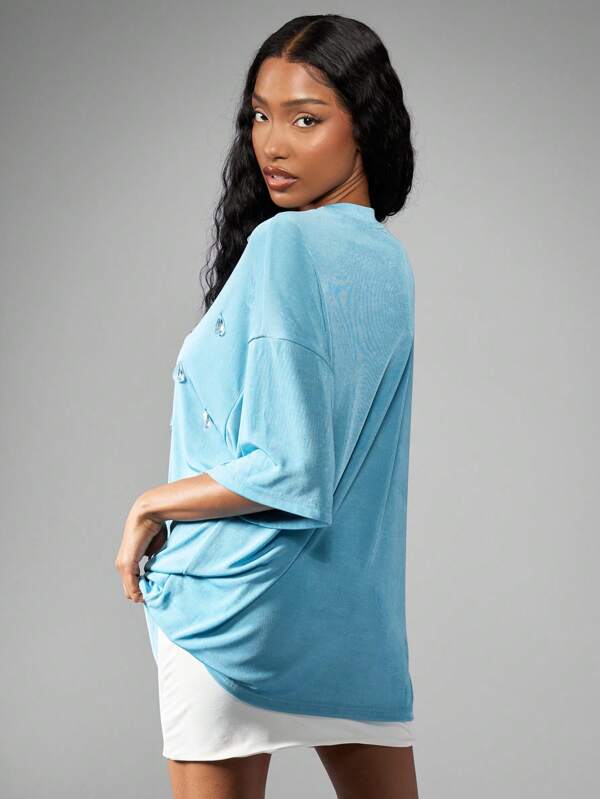 Missguided MISSGUIDED Oversized Crystal Droplet Loose Fit Casual T-Shirt