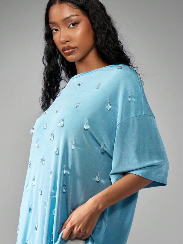 Missguided MISSGUIDED Oversized Crystal Droplet Loose Fit Casual T-Shirt