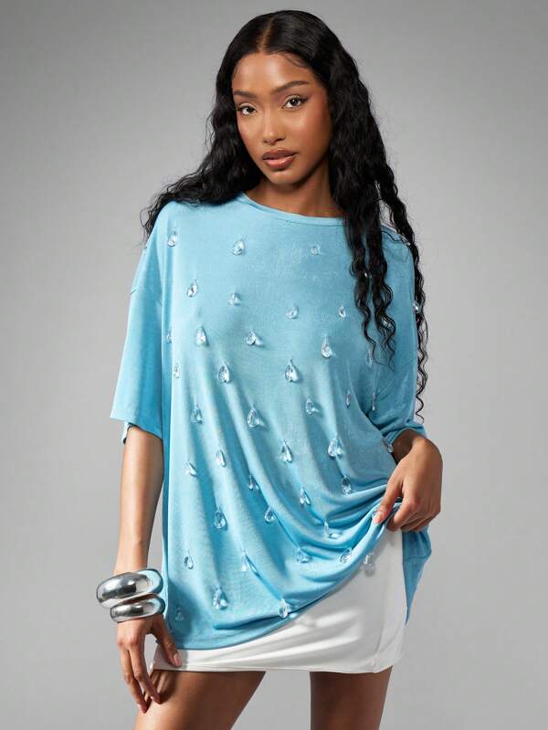 missguided MISSGUIDED Oversized Crystal Droplet Loose Fit Casual T-Shirt
