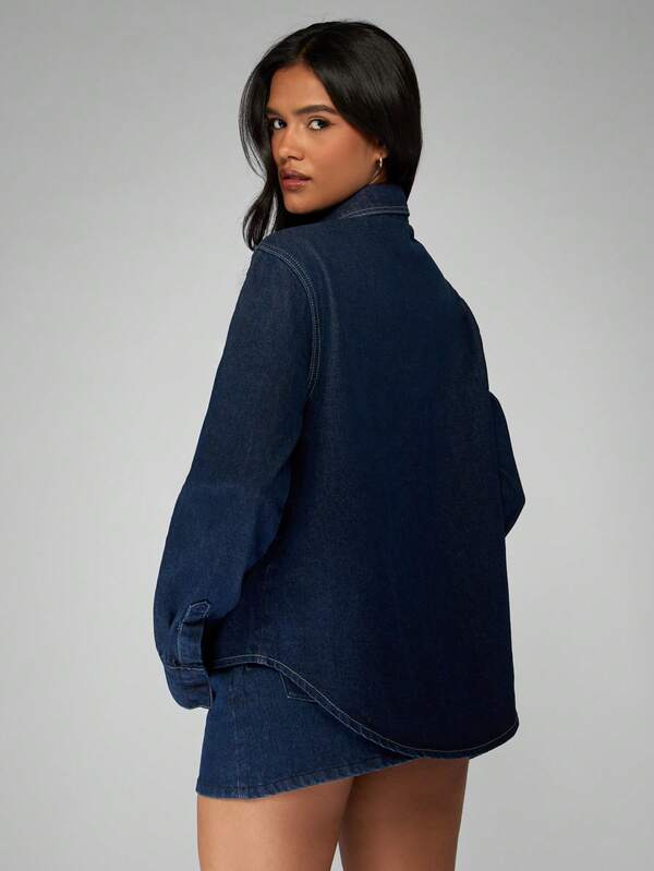 Missguided MISSGUIDED Oversized Denim Shirt With Large Bow Neck Detail