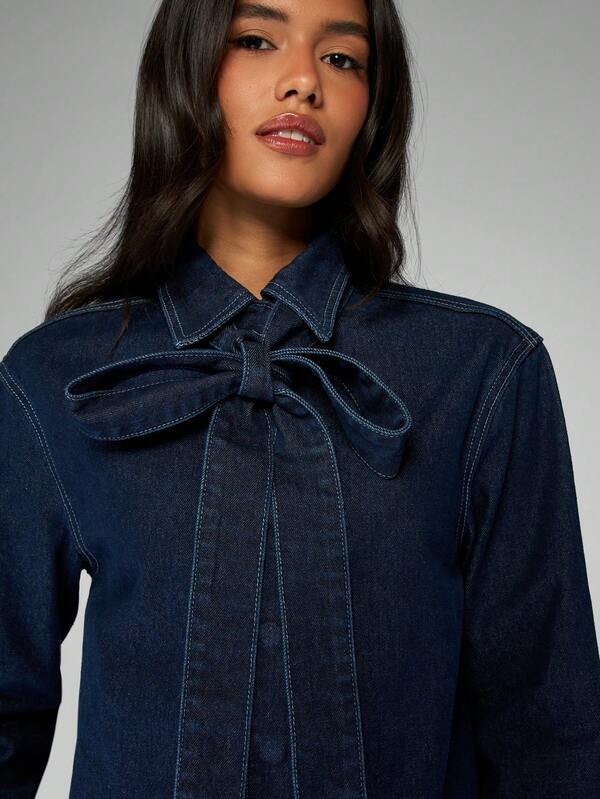 Missguided MISSGUIDED Oversized Denim Shirt With Large Bow Neck Detail