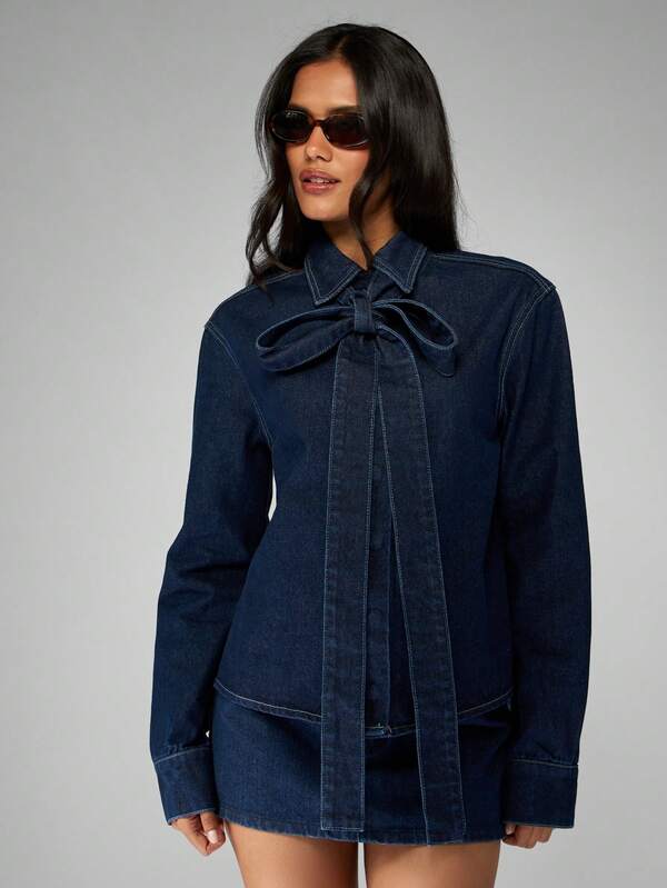 missguided MISSGUIDED Oversized Denim Shirt With Large Bow Neck Detail