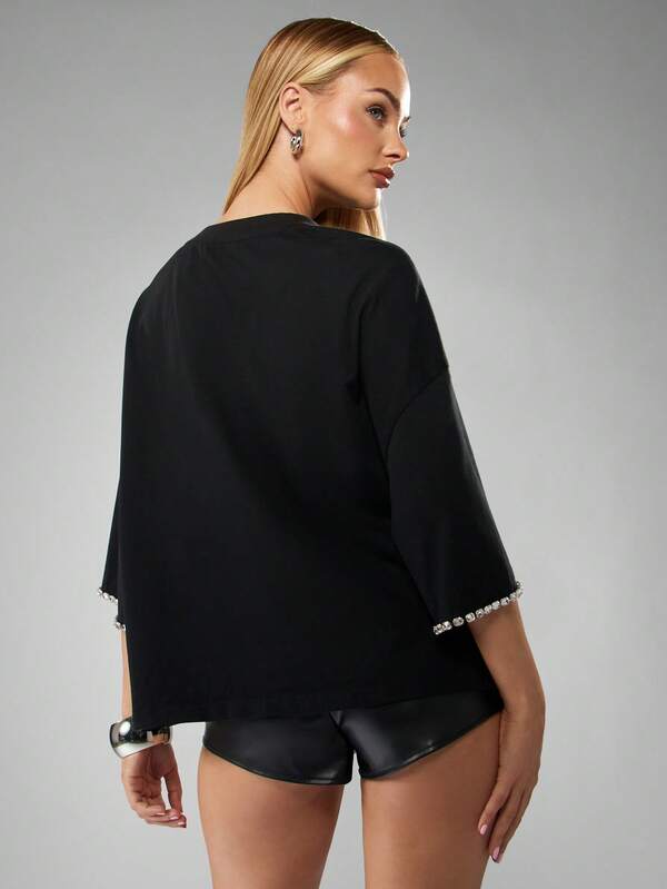 Missguided MISSGUIDED Oversized Diamante Trim Tee With Embellished Detail
