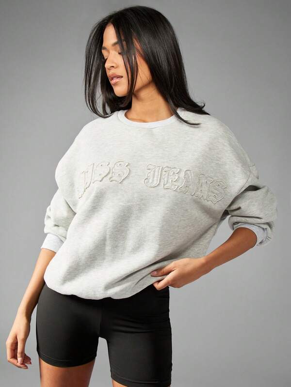Missguided MISSGUIDED Oversized Distressed Applique Crewneck Pullover Women Sweatshirt Is Cozy