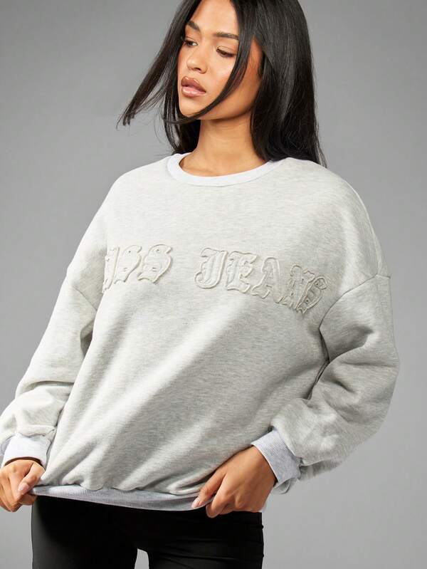 Missguided MISSGUIDED Oversized Distressed Applique Crewneck Pullover Women Sweatshirt Is Cozy