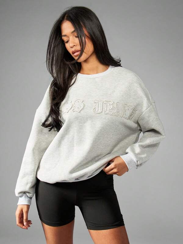 missguided MISSGUIDED Oversized Distressed Applique Crewneck Pullover Women Sweatshirt Is Cozy