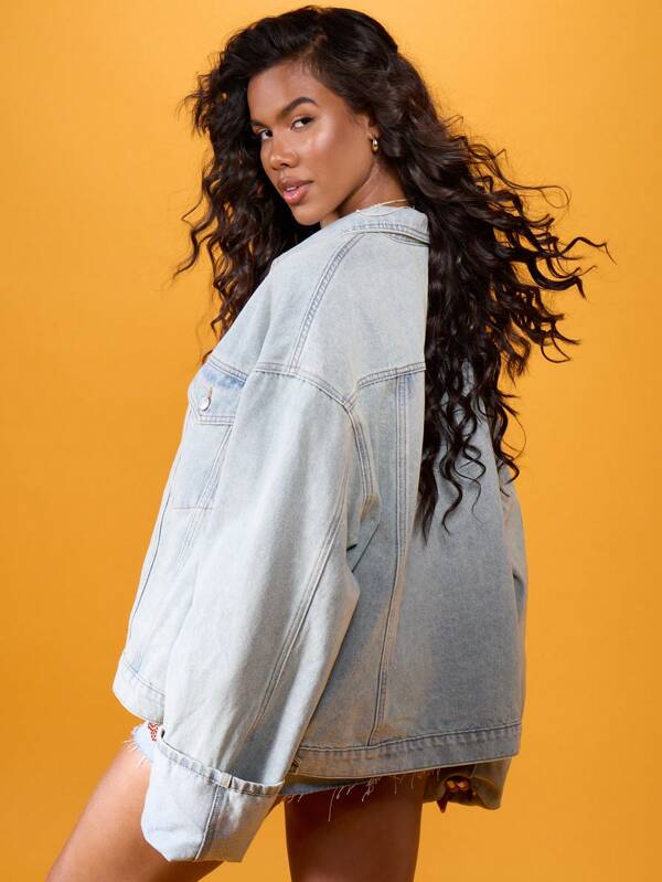Missguided MISSGUIDED Oversized Distressed Denim Jacket Cuffed Raw Hem