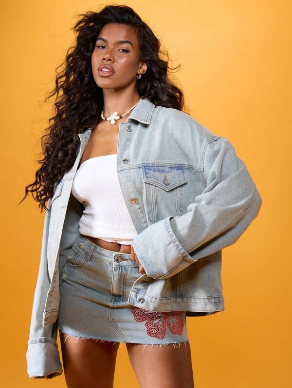 missguided MISSGUIDED Oversized Distressed Denim Jacket Cuffed Raw Hem