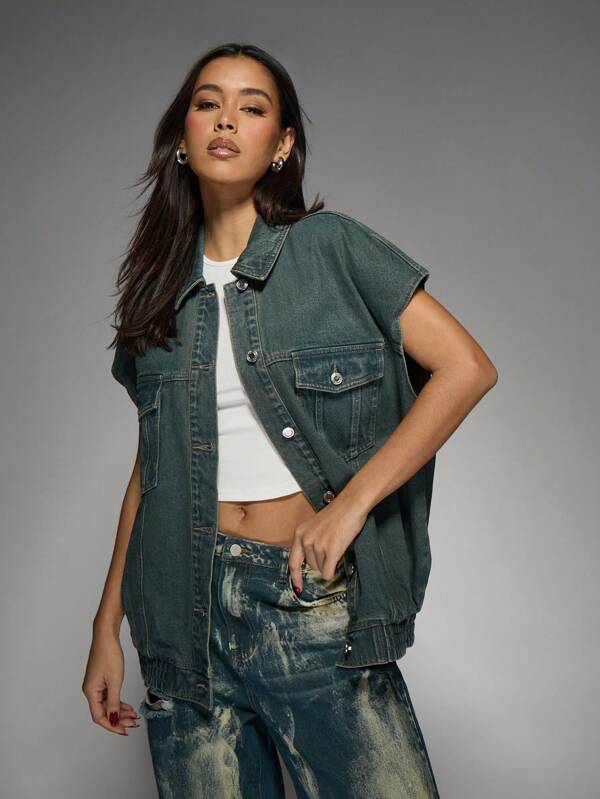 missguided MISSGUIDED Oversized Distressed Vintage Sleeveless Denim Vest