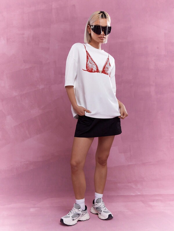 Missguided MISSGUIDED Oversized Dolman Sleeves T-Shirt With Front Print