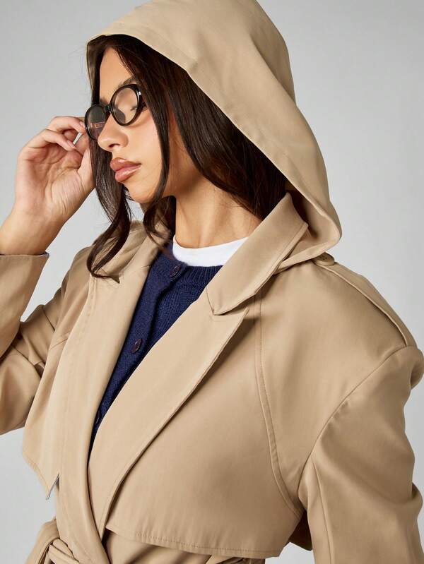 Missguided MISSGUIDED Oversized Double Breasted Trench Coat With Hood And Belt