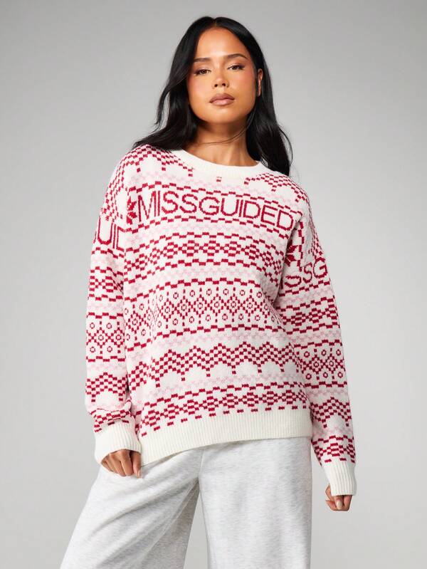 Missguided MISSGUIDED Oversized Fair Isle Christmas Jumper With Crew Neck