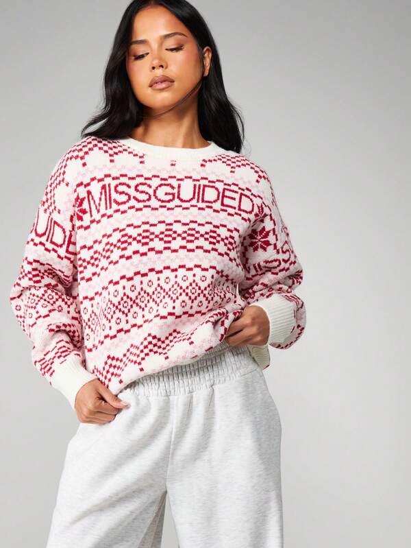 missguided MISSGUIDED Oversized Fair Isle Christmas Jumper With Crew Neck