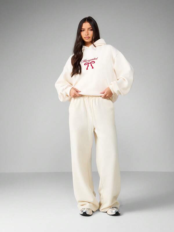 Missguided MISSGUIDED Oversized Fleece Hoodie With Red Bow Embroidery