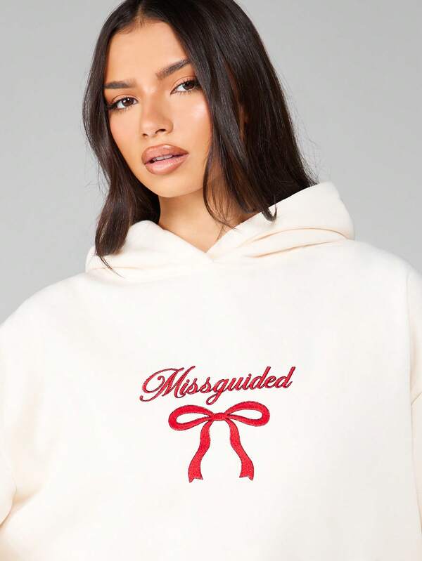 Missguided MISSGUIDED Oversized Fleece Hoodie With Red Bow Embroidery