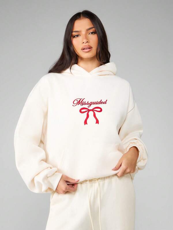 missguided MISSGUIDED Oversized Fleece Hoodie With Red Bow Embroidery