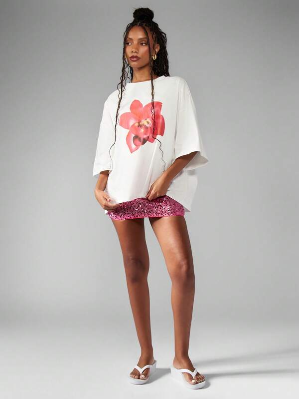Missguided MISSGUIDED Oversized Floral Graphic Pink Orchid Design Cotton T-Shirt