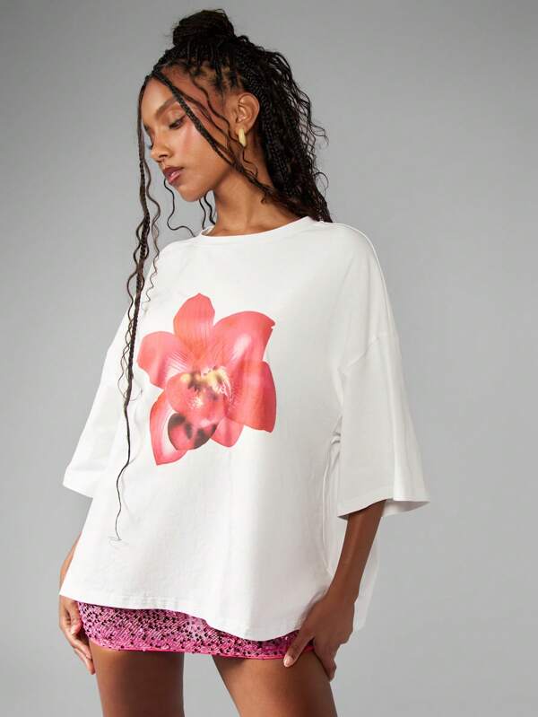 missguided MISSGUIDED Oversized Floral Graphic Pink Orchid Design Cotton T-Shirt