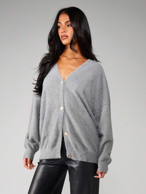 Missguided MISSGUIDED Oversized Fluffy Knit Button Cardigan