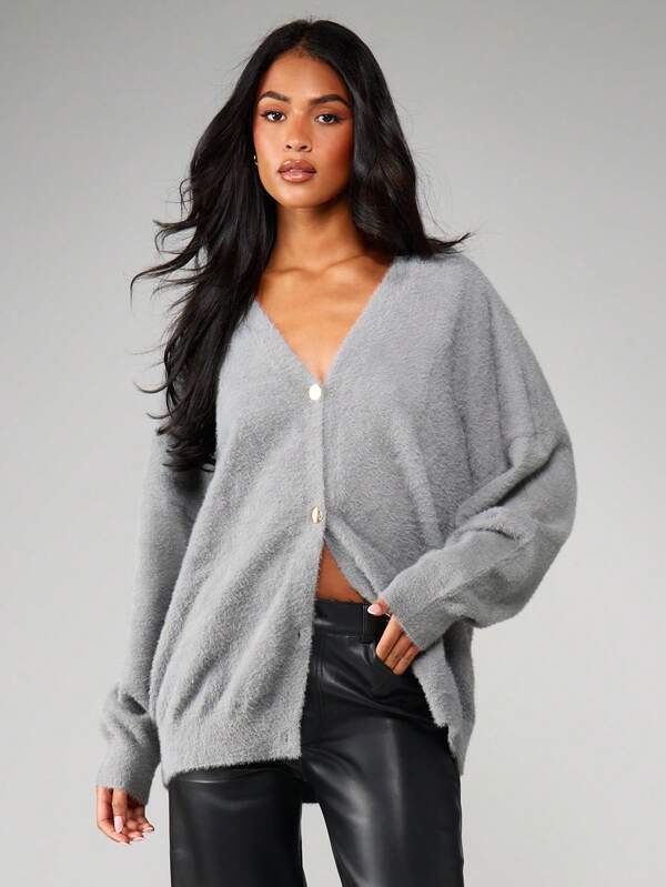 missguided MISSGUIDED Oversized Fluffy Knit Button Cardigan
