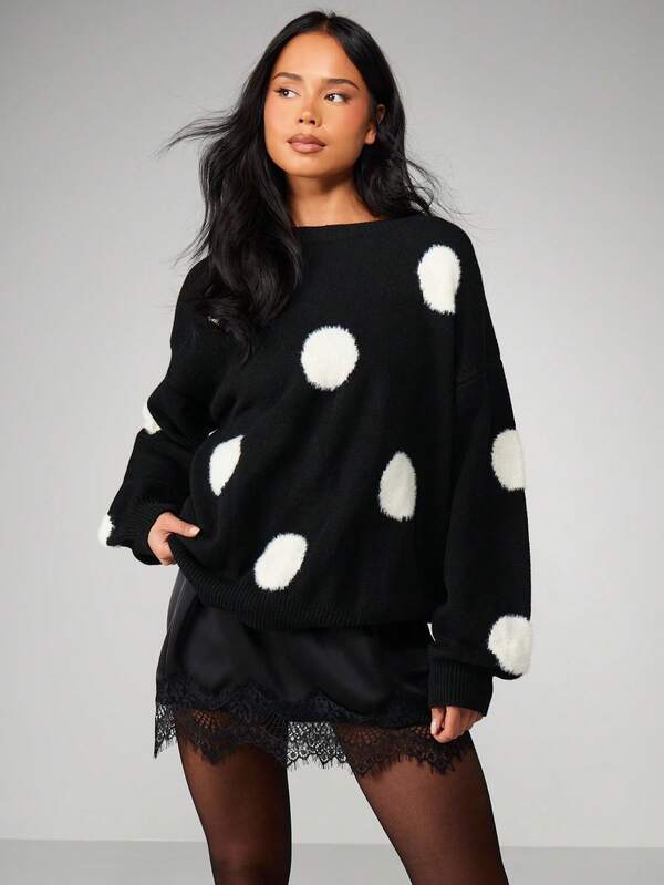 missguided MISSGUIDED Oversized Fluffy Polka Dot Knitted Sweater