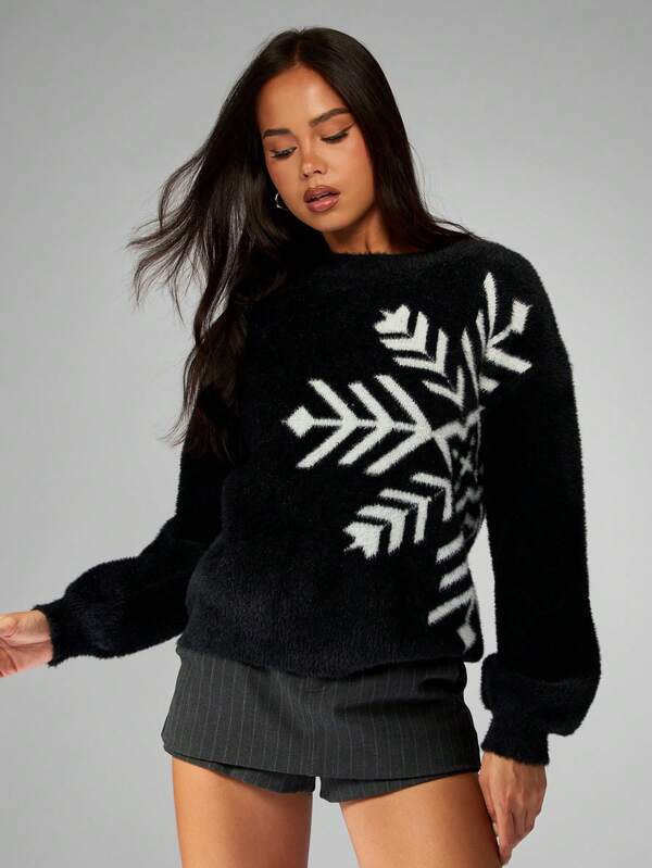 missguided MISSGUIDED Oversized Fluffy Snowflake Pattern Sweater