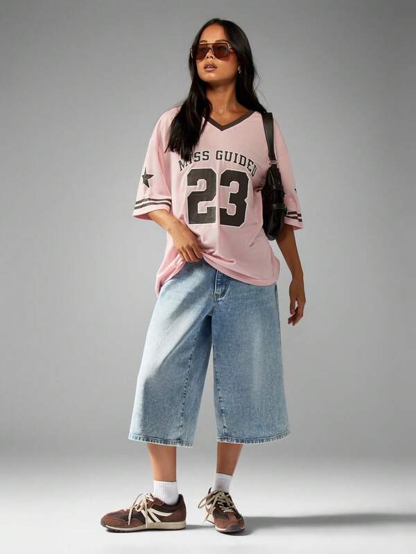 Missguided MISSGUIDED Oversized Football Jersey With Varsity Numbers And V Neck