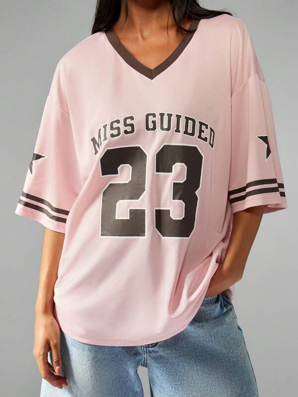 missguided MISSGUIDED Oversized Football Jersey With Varsity Numbers And V Neck