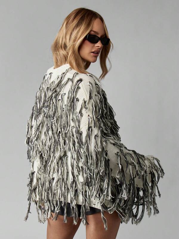 Missguided MISSGUIDED Oversized Fringe Cardigan With Textured Knit Pattern