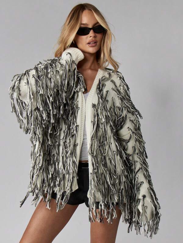 missguided MISSGUIDED Oversized Fringe Cardigan With Textured Knit Pattern