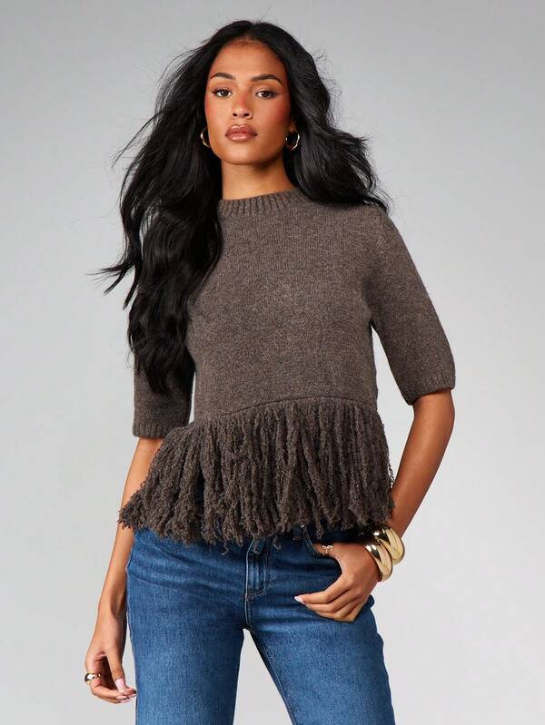 missguided MISSGUIDED Oversized Fringe Hem Knitted Sweater