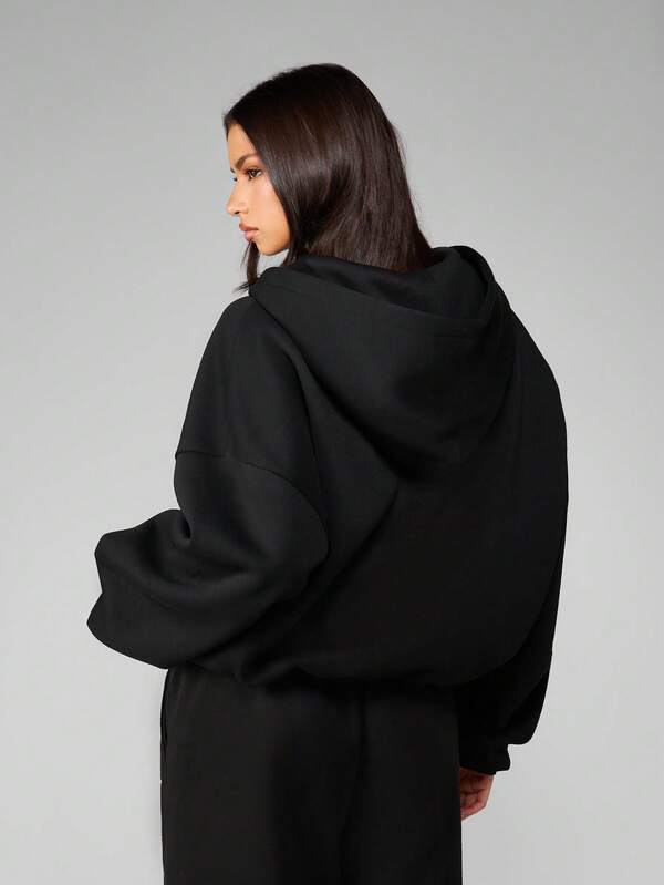 Missguided MISSGUIDED Oversized Full Zip Black Hoodie With Front Logo