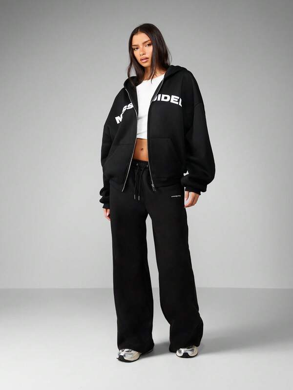 Missguided MISSGUIDED Oversized Full Zip Black Hoodie With Front Logo
