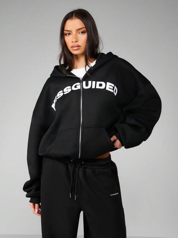Missguided MISSGUIDED Oversized Full Zip Black Hoodie With Front Logo