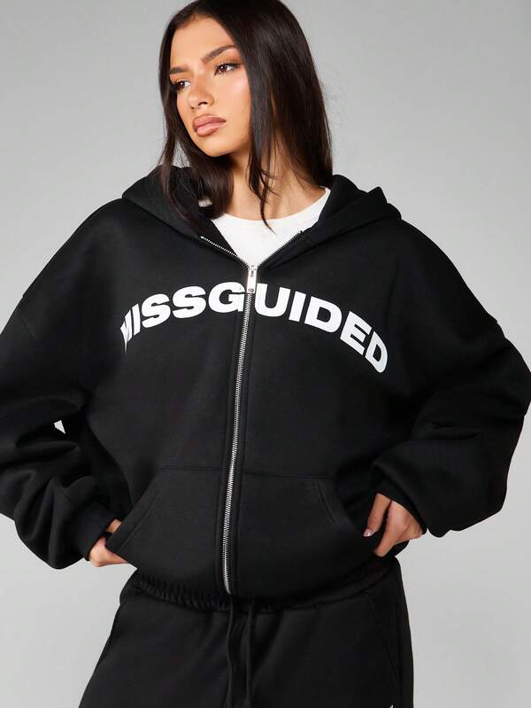missguided MISSGUIDED Oversized Full Zip Black Hoodie With Front Logo