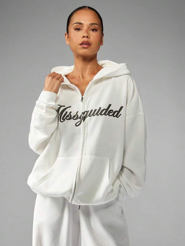 missguided MISSGUIDED Oversized Full Zip Hoodie With Brand Logo