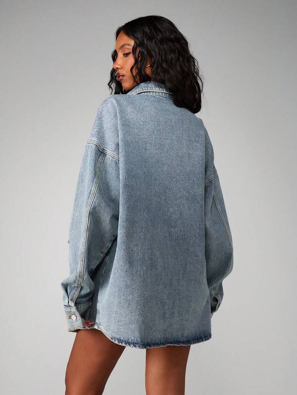 Missguided MISSGUIDED Oversized Gem Detail Denim Shirt