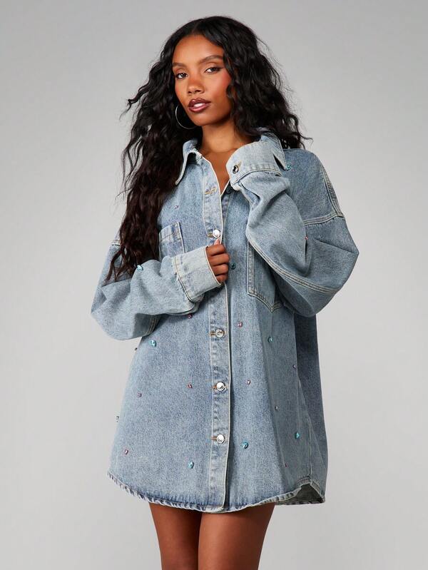 Missguided MISSGUIDED Oversized Gem Detail Denim Shirt