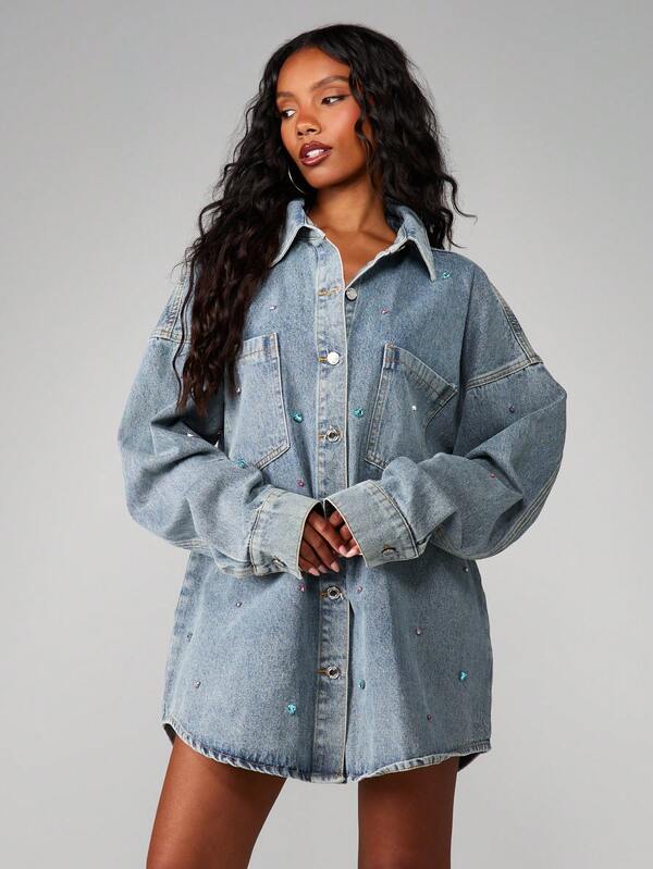 missguided MISSGUIDED Oversized Gem Detail Denim Shirt