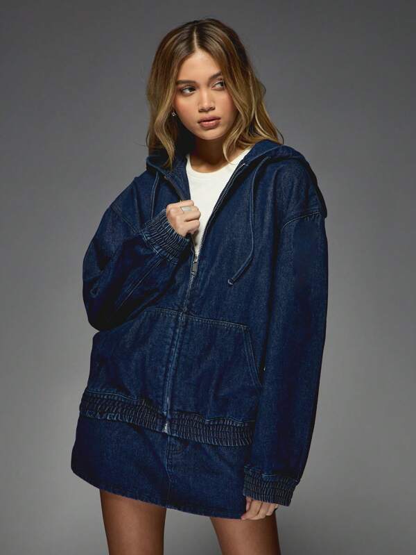 missguided MISSGUIDED Oversized Hooded Women Denim Bomber Jacket
