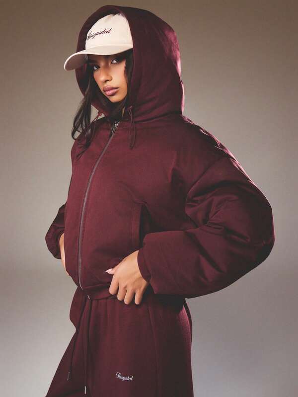 missguided MISSGUIDED Oversized Hooded Zip Puffer Jacket