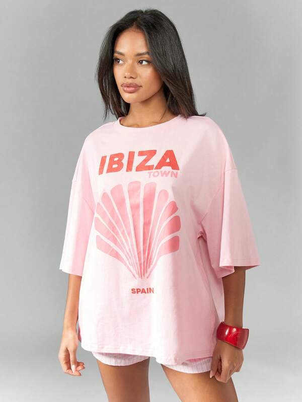 Missguided MISSGUIDED Oversized Ibiza Town Shell Print T-Shirt