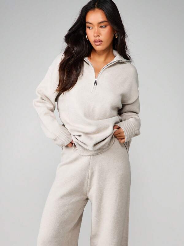 Missguided MISSGUIDED Oversized Knit Co-Ord With Zip Neck And Wide Leg