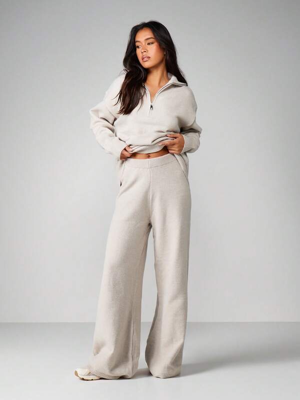 Missguided MISSGUIDED Oversized Knit Co-Ord With Zip Neck And Wide Leg