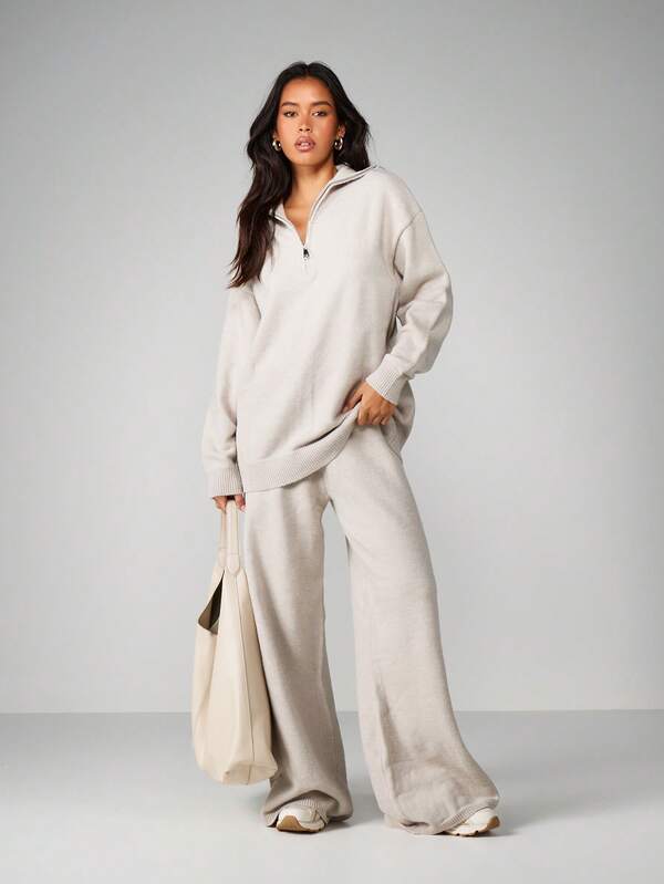 missguided MISSGUIDED Oversized Knit Co-Ord With Zip Neck And Wide Leg