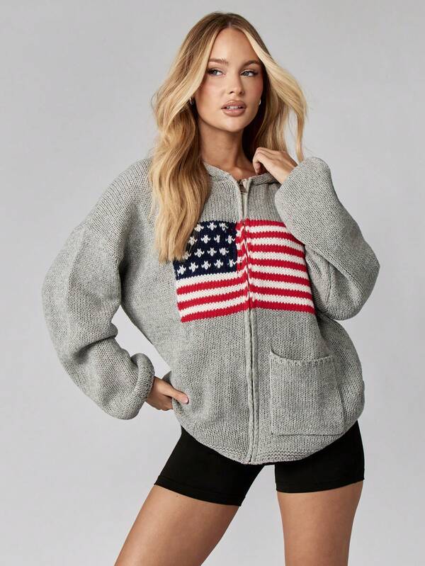 missguided MISSGUIDED Oversized Knit Zip Cardigan With American Flag Design