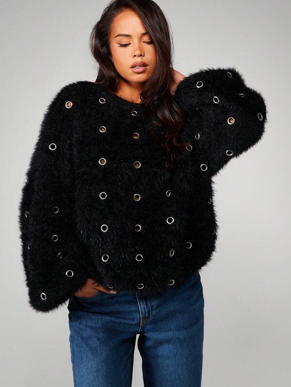 Missguided MISSGUIDED Oversized Knitted Jumper With Metal Eyelets