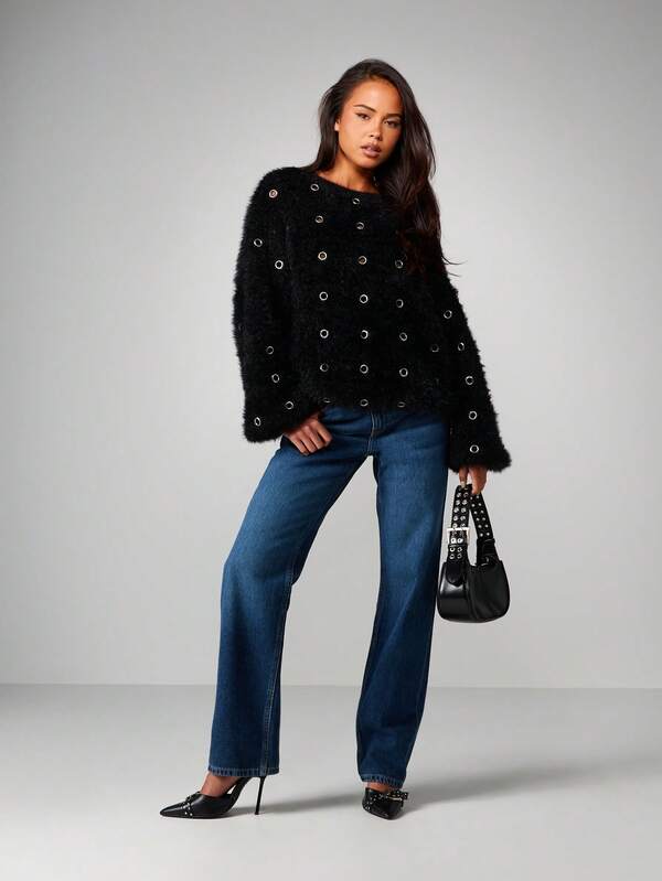 Missguided MISSGUIDED Oversized Knitted Jumper With Metal Eyelets