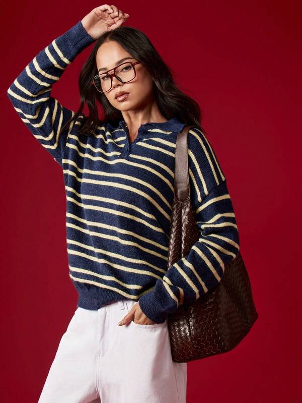 missguided MISSGUIDED Oversized Knitted Stripe Polo Sweater