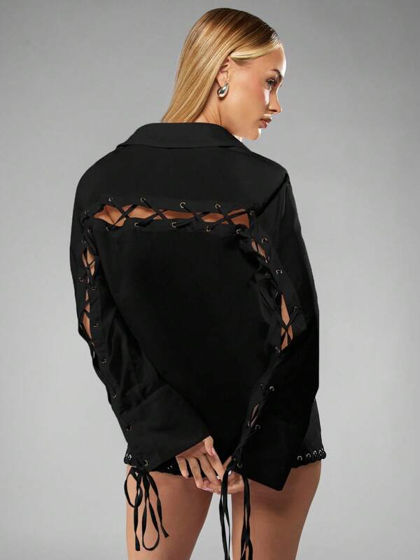 missguided MISSGUIDED Oversized Lace Up Shirt With Grommets